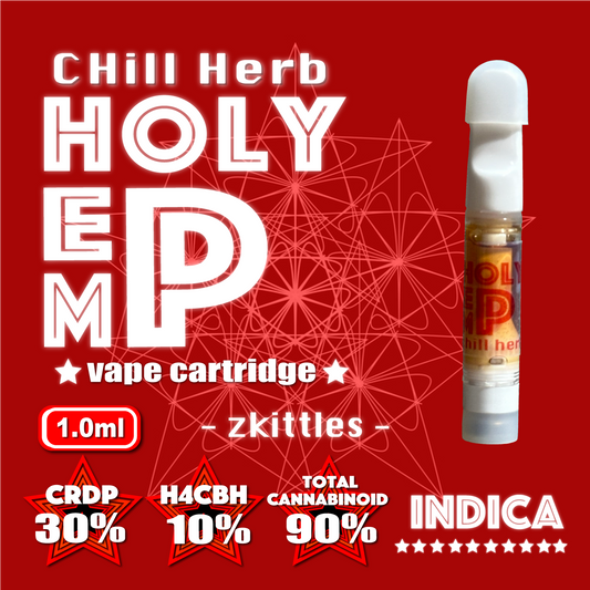 HOLY HEMP,CRDP 30%,H4CBH 10%,CBN 30%,CBG 10%,CBD 10%,ZKITTLES,1.0ml,CRDP,H4CBH,CBNディスティレート,CBD,CBG,テルペン,ベイプ,リキッド,カートリッジ,スキトルズ,CHILL HERB,チルハーブ